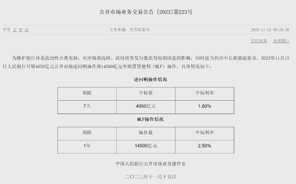 增量续做 中国人民银行开展14500亿元MLF操作